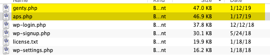 List of files sorted by date, showing hacker added files dated 1/12/19.