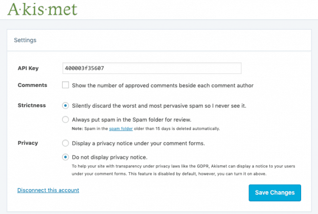 Akismet settings