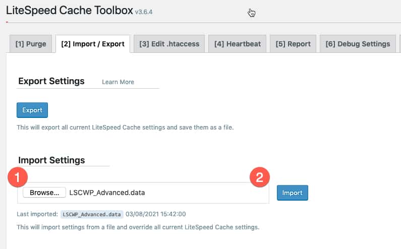 litespeed cache toolbox import